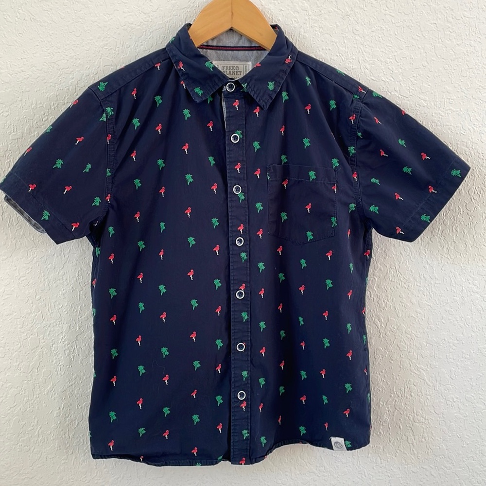 {Free Planet} Navy Flamingo/Tree Button-Down Shirt